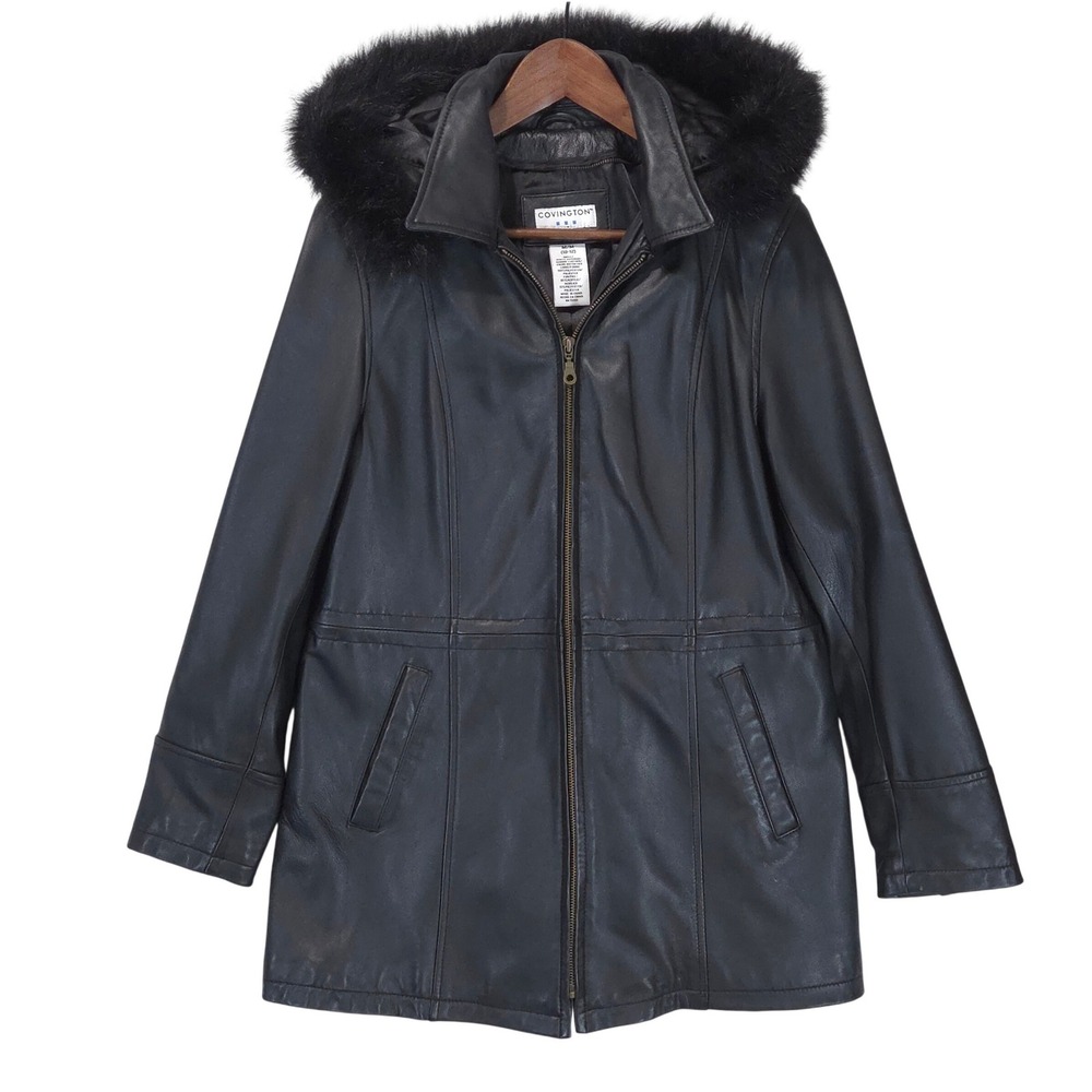 Covington Leather Parka Jacket Womens M 10-12 Faux Fur Hooded Black Goth Grunge